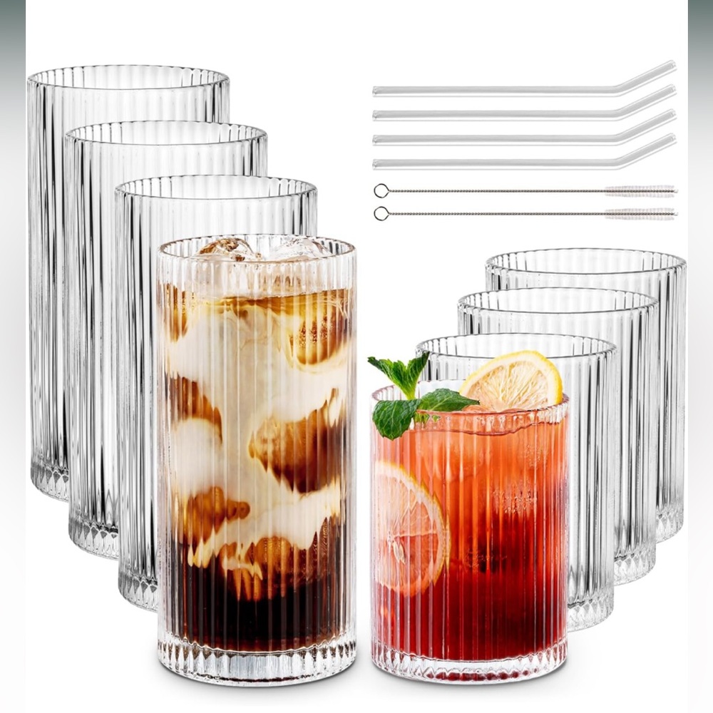 🆕 Combler Set of 8 Ribbed Glasses, (4) 12oz, (4) 9oz, (8) Glass straws & Brush